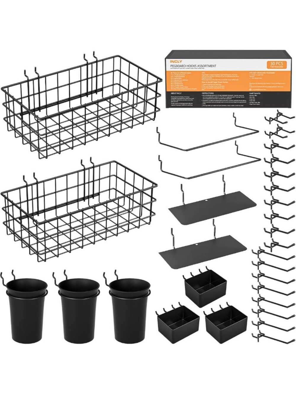 30PCS Pegboard Organizer Kit with Bins, Cups & Baskets - Craft & Garage Storage